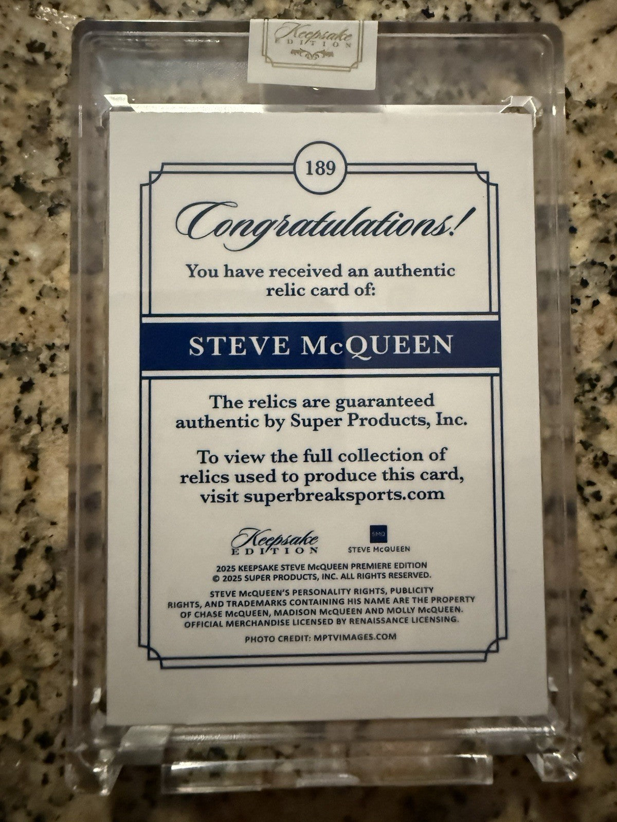 STEVE MCQUEEN 2025 KEEPSAKE EDITION #189 ARTISTIC RELIC AUTHENTIC /50