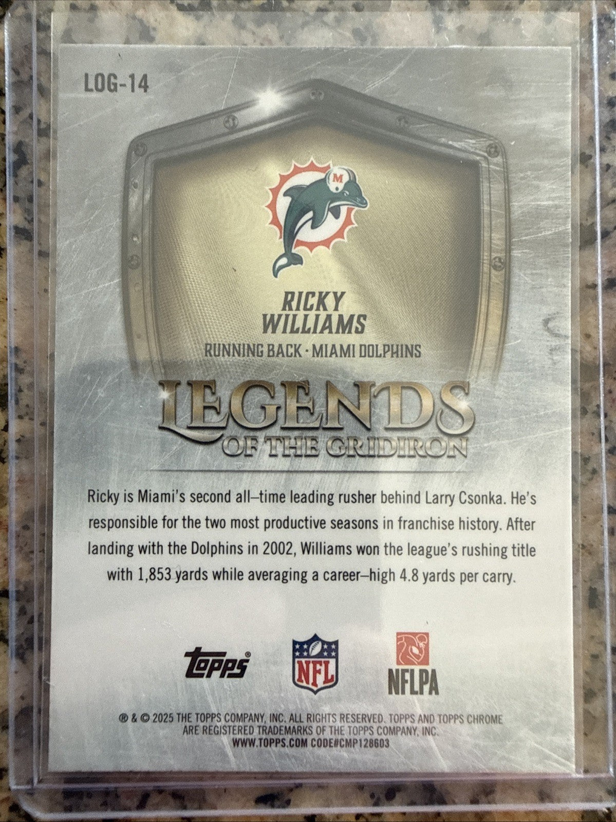 2025 Topps Chrome #LOG-14 Ricky Williams Legends of the Gridiron Blue /150