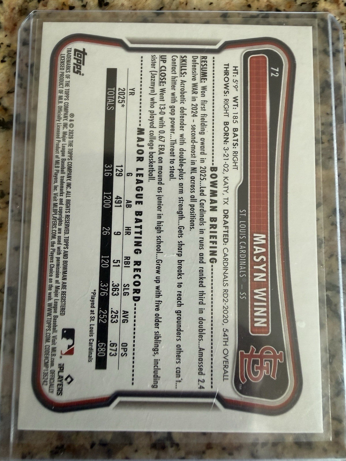 Topps 2026 Bowman Masyn Winn St. Louis Cardinals Blue /150 #72