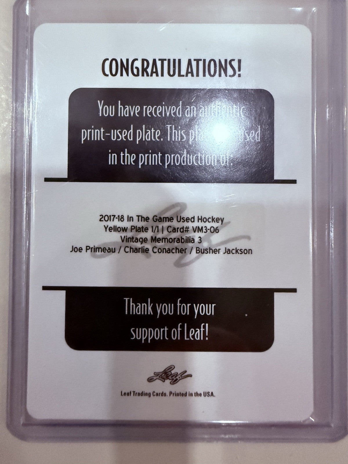 2017-18 Leaf In the Game Printing Plate 1/1 Charlie Conacher, Primeau, Jackson