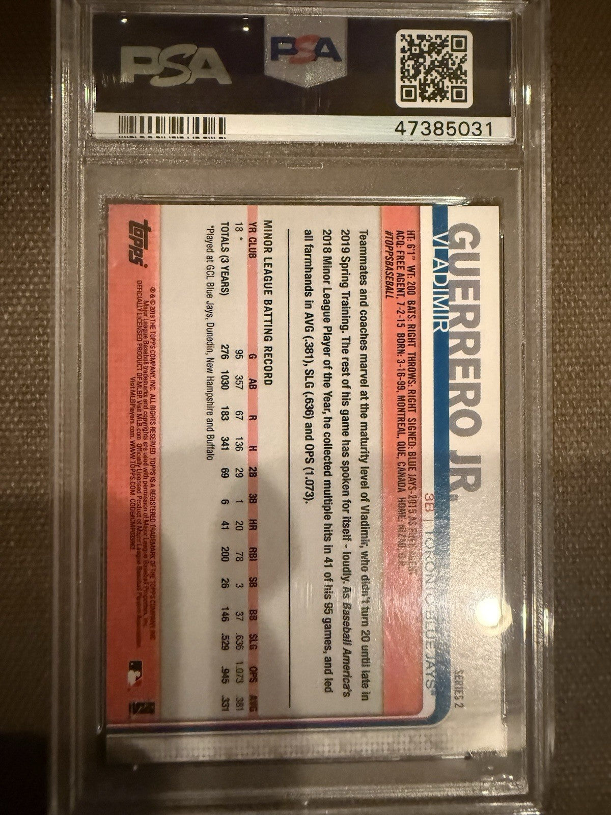 2019 Topps - SP Rookie Vladimir Guerrero Jr. Missing Card Number (RC) PSA 9
