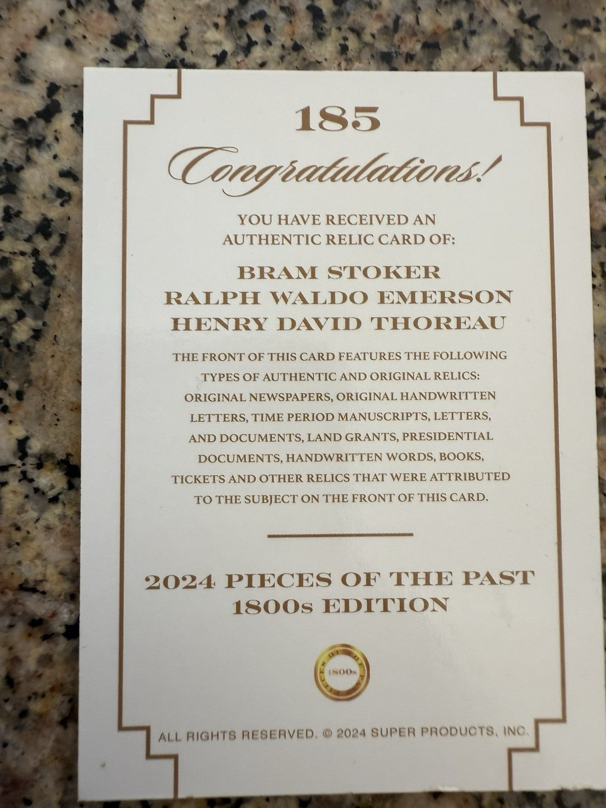 2024 PIECES OF THE PAST 1800s Edition STOKER EMERSON THOREAU Relic #185