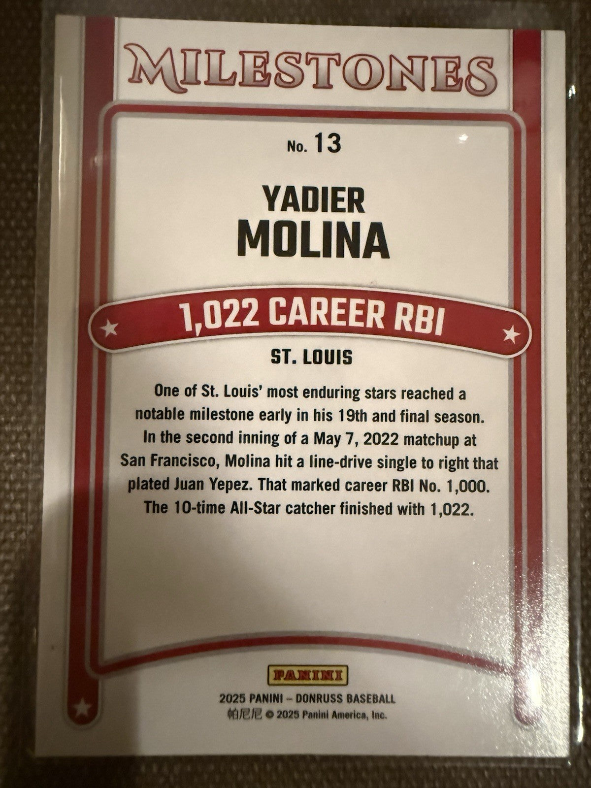 2025 Panini Donruss Milestones Pink Ice 47/99 Yadier Molina #13 04br