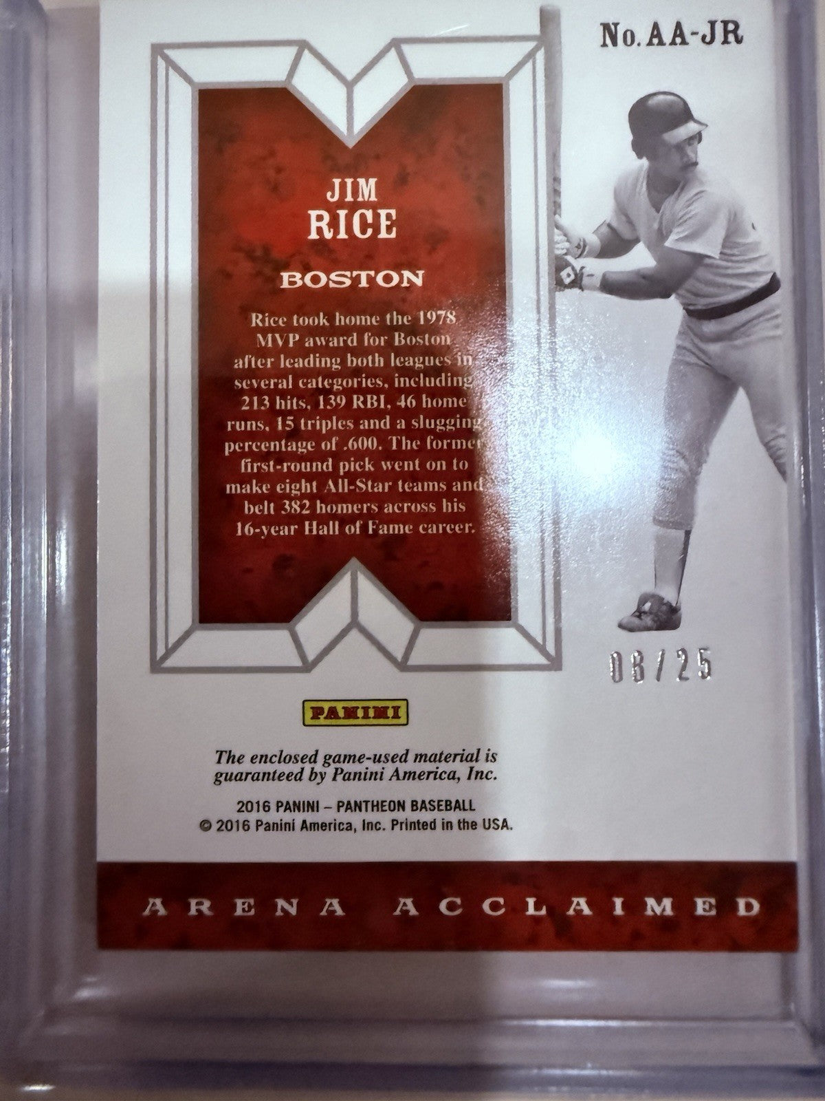 2016 Panini Pantheon - Arena Acclaimed Jim Rice #AA-JR Gold /25 (MEM)