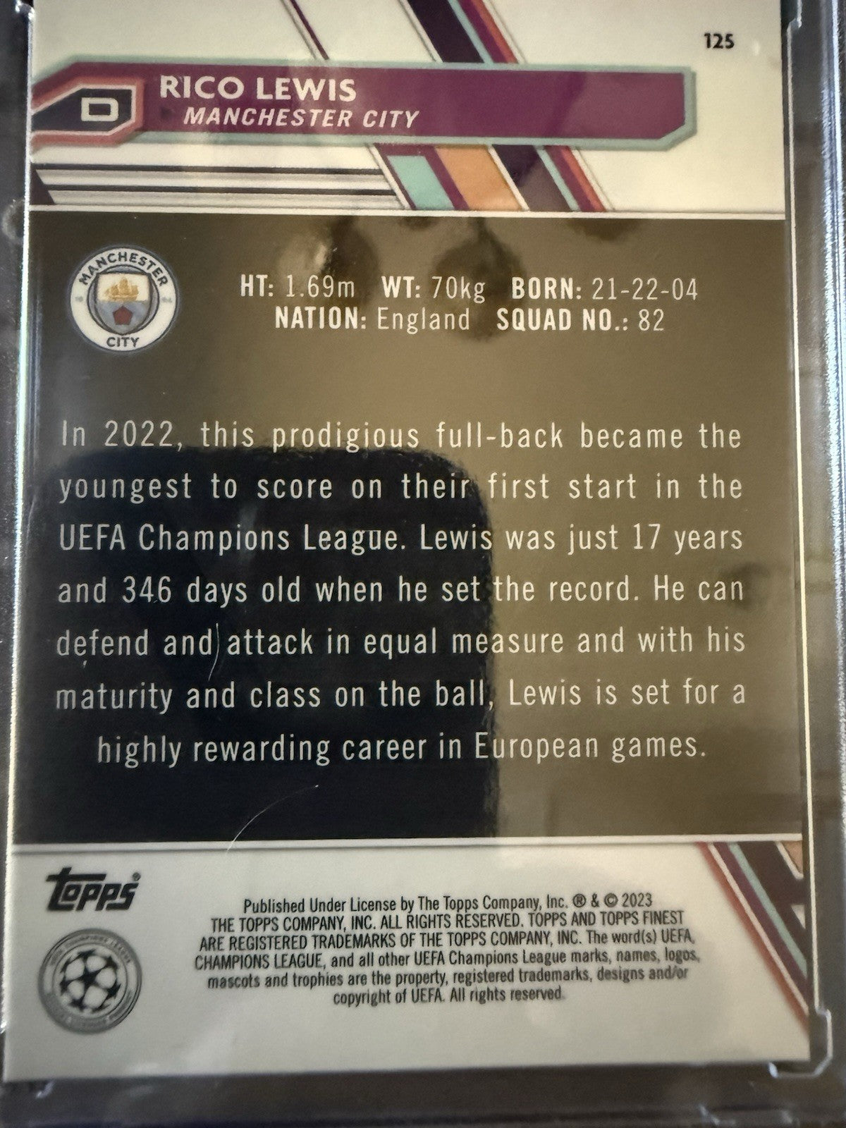 2022 Topps Finest UEFA Club Competitions Sky Blue Refractor /275 Rico Lewis ga5