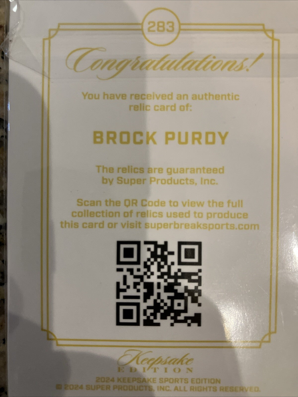 Brock Purdy Gem Relic Card. Super Break Keepsake Edition