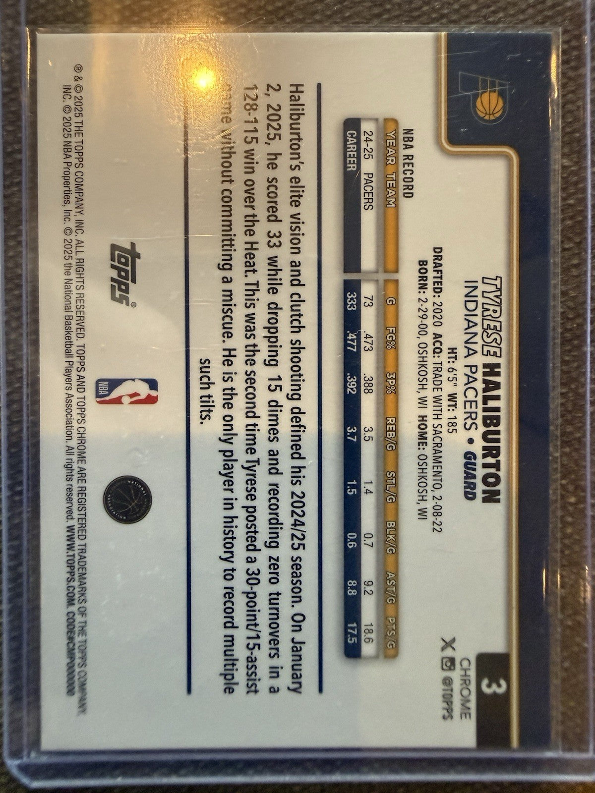 2025-26 Topps Chrome Gold raywave Tyrese Haliburton Pacers #3 /275 Basketball