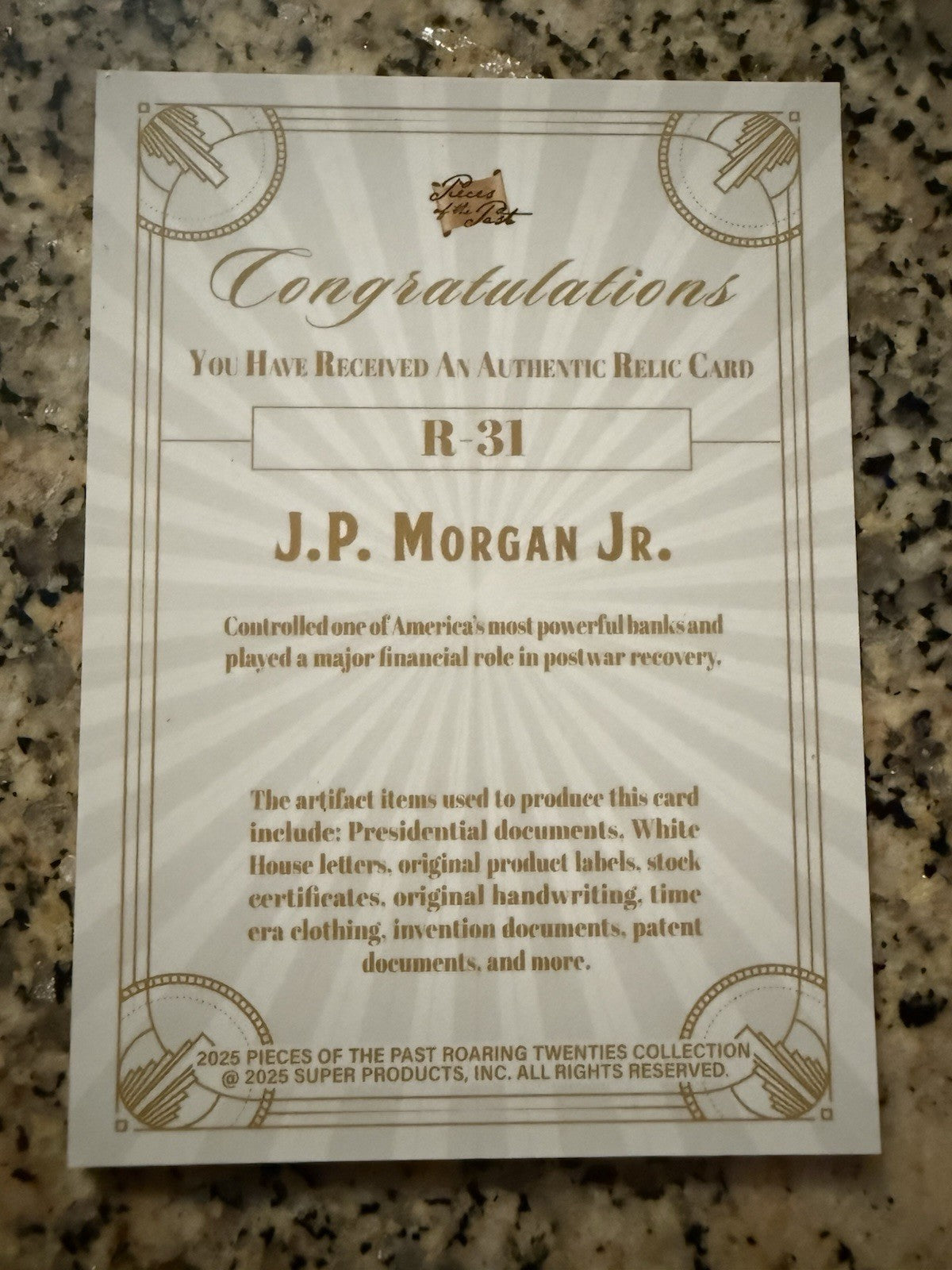2025 Pieces of The Past Roaring Twenties #R-31 J.P. Morgan Jr. Relic