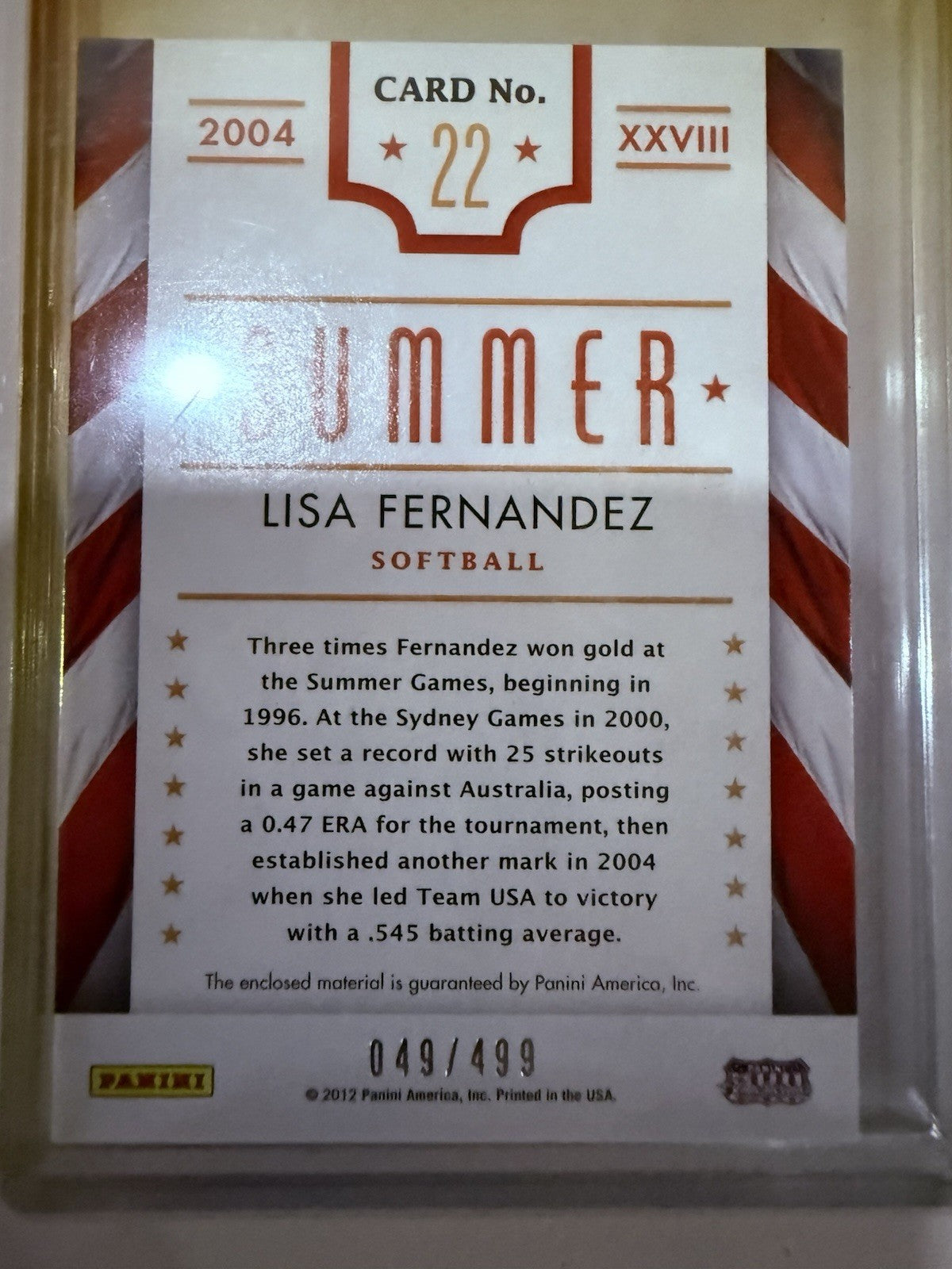 K127,127 - 2012 Americana Heroes and Legends Summer Relic #22 Lisa Fernandez/499