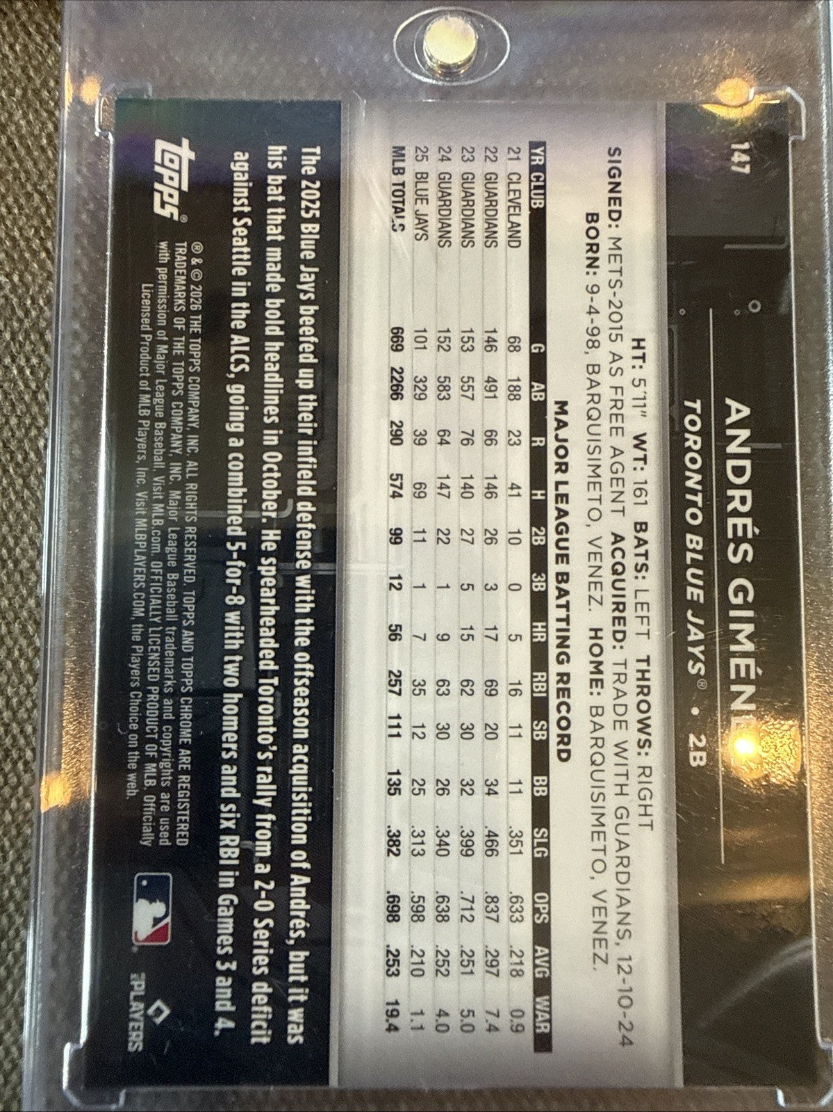 Topps Chrome Black Andres Gimenez Blue Jays Gold Serial Numbered 12/50 #147