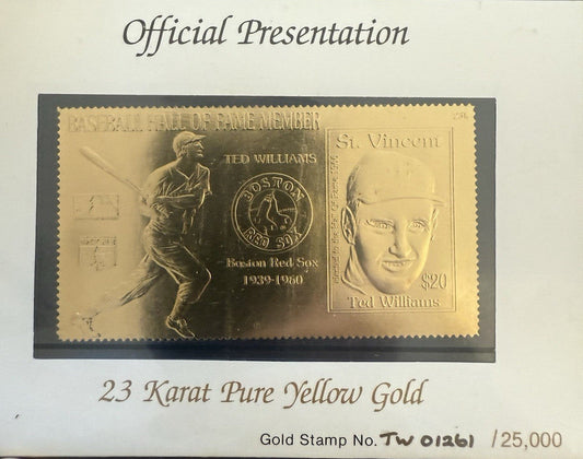 HALL OF FAME MEMBER BASEBALL LEGENDS GOLD STAMP & 1ST DAY COVER TED WILLIAMS