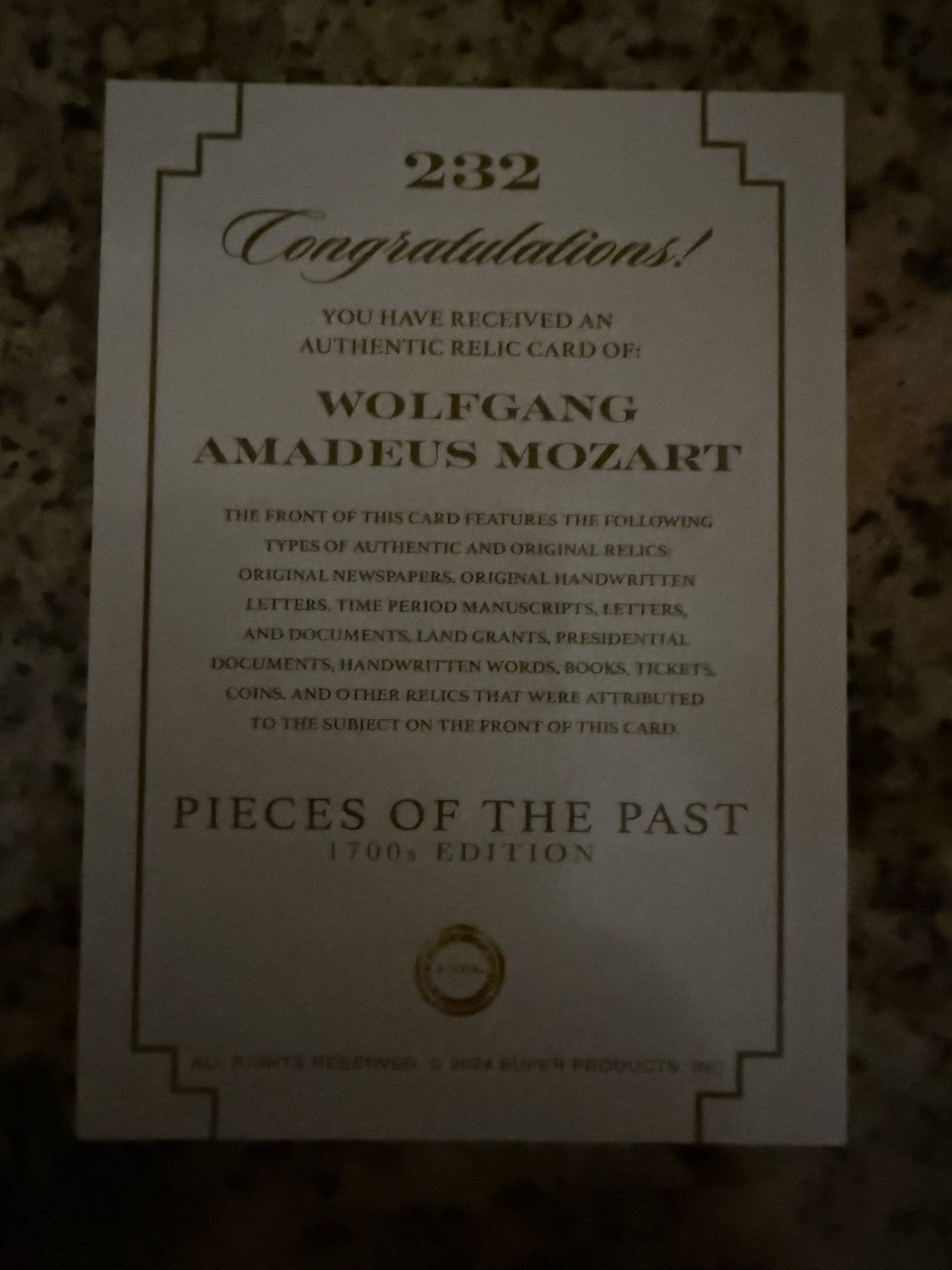 2024 Pieces of the Past 1700's Period Document Relic Wolfgang Amadeus Mozart