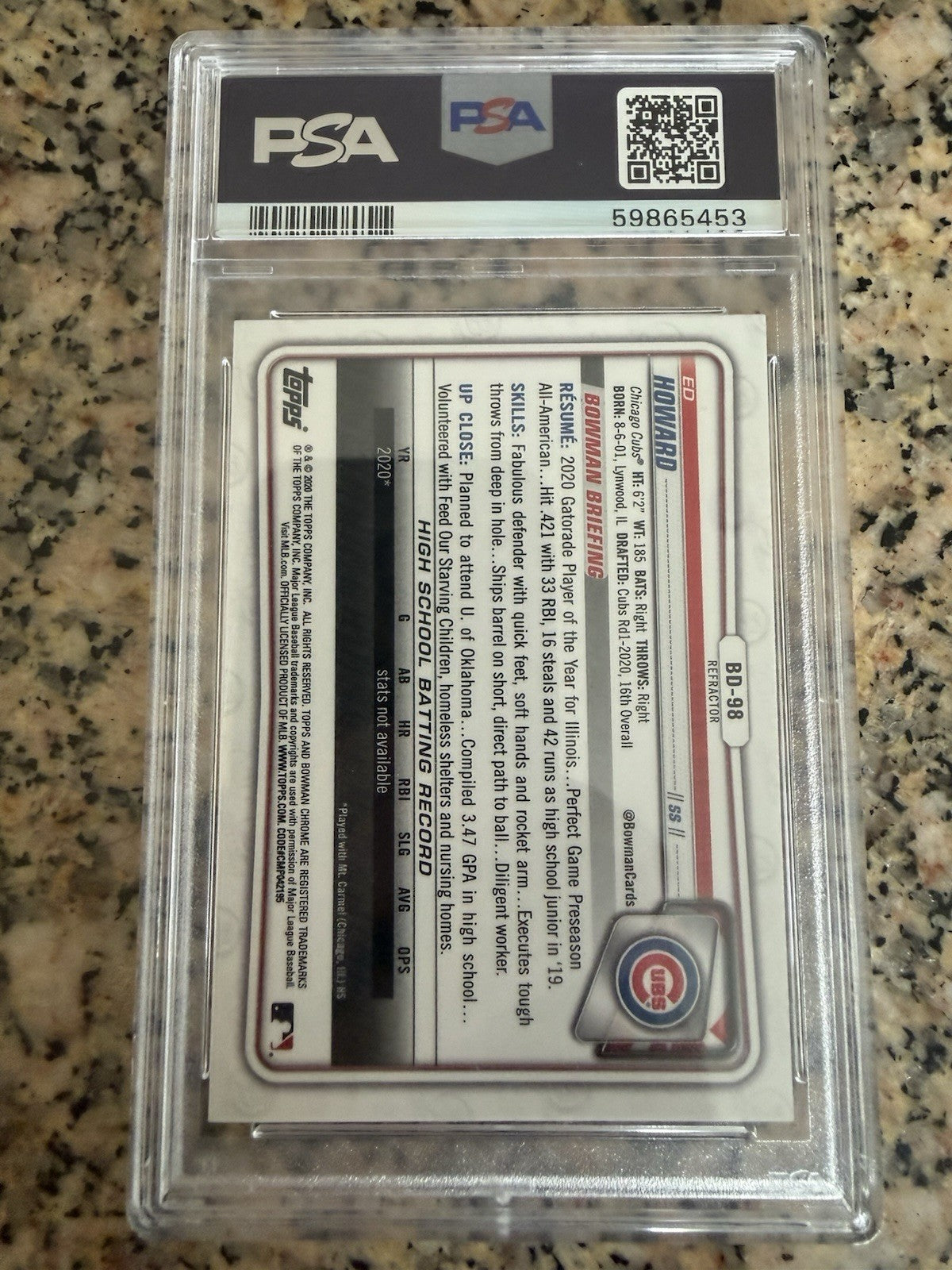 2020 Bowman Draft Ed Howard Chrome Refractor Psa 10 Gem Mt Rookie