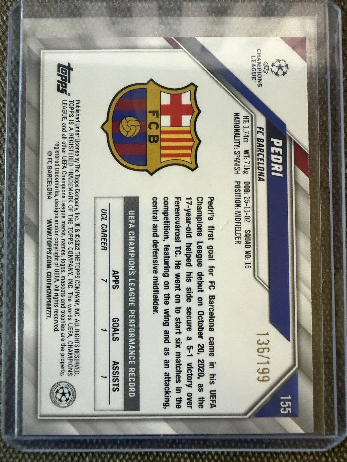 2021-22 Topps UCL Pedri  Refractor 127/199 All Star Rookie Cup #155 Barcelona