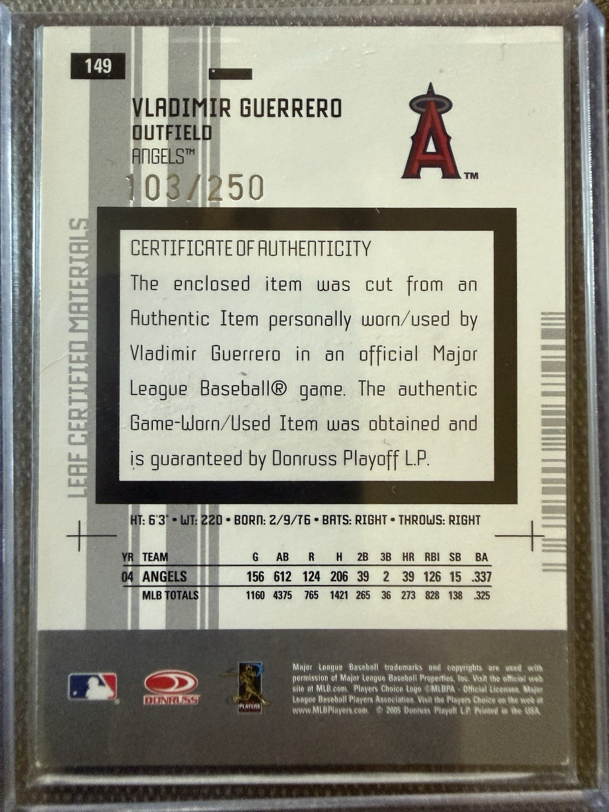 2005 Leaf Certified Materials Mirror Red Jerseys /250 Vladimir Guerrero HOF 0l2