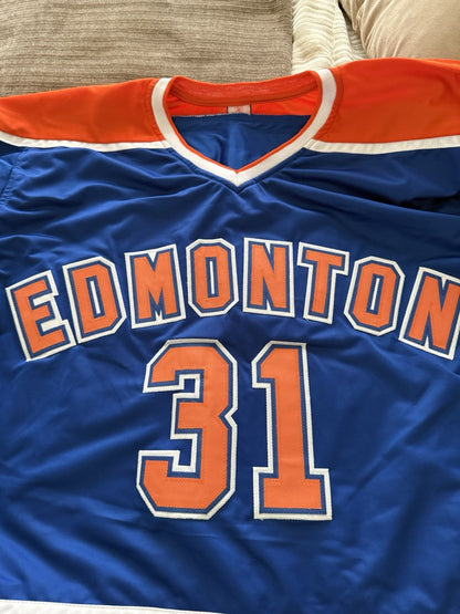 Autographed/Signed GRANT FUHR Edmonton Blue Hockey Jersey Beckett COA Auto XL