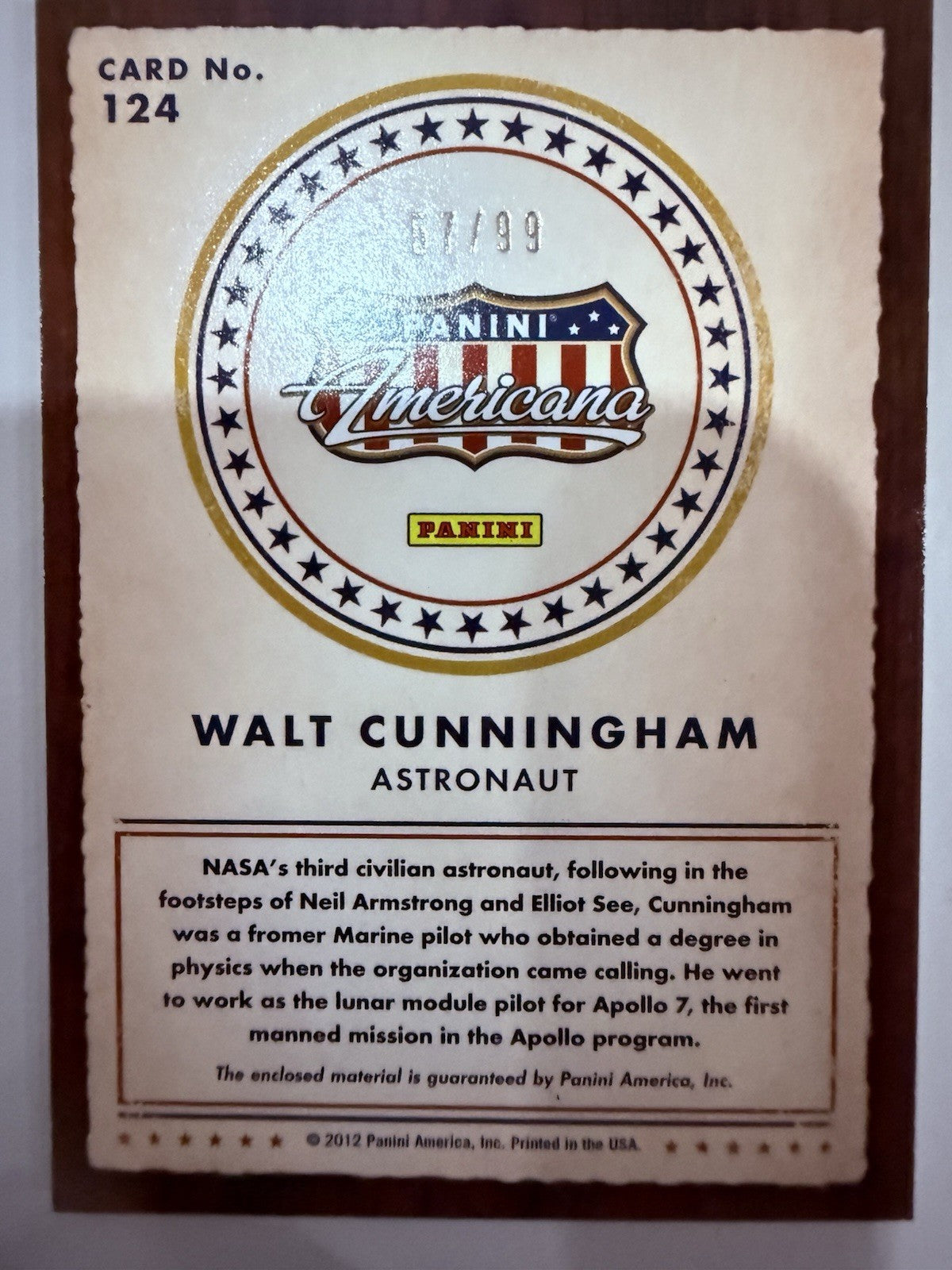 2012 Panini Americana Heroes Legends Walt Cunningham Elite Materials  /99