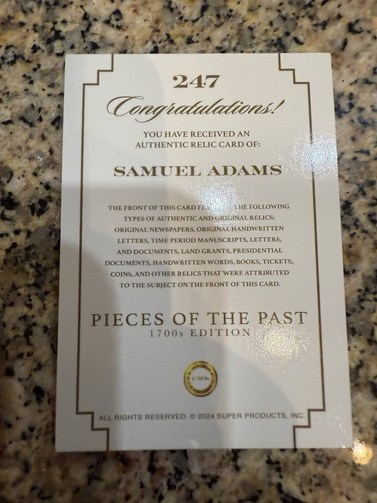 2024 Pieces of the Past 1700s Edition Samuel Adams #247 Relic