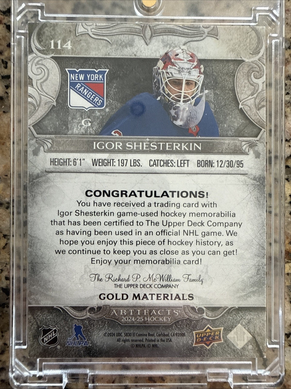 2024-25 Upper Deck Artifacts - Goalies Igor Shesterkin #114 Gold Material...