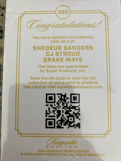 Triple Patch Gem Relic. Shedeur Sanders, Cj Stroud, Drake Maye