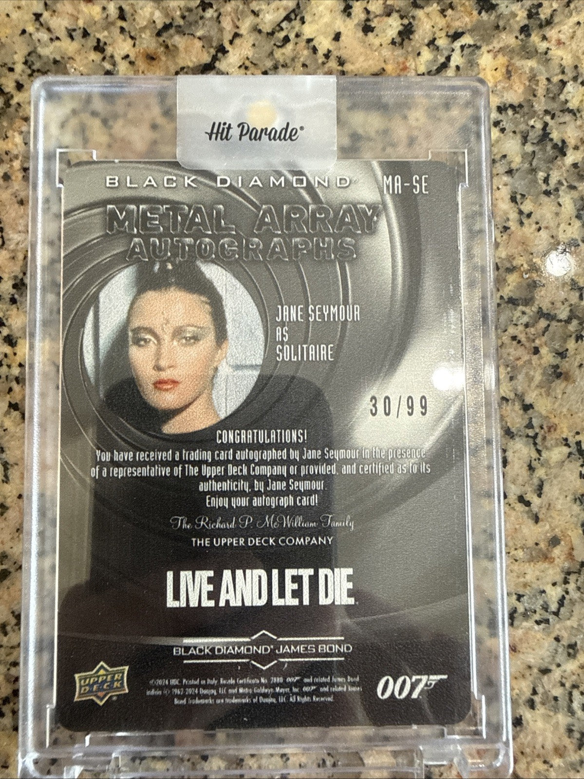 RARE 2024 JAMES BOND BLACK DIAMOND JANE SEYMOUR METAL ARRAY AUTOGRAPH CARD 30/99