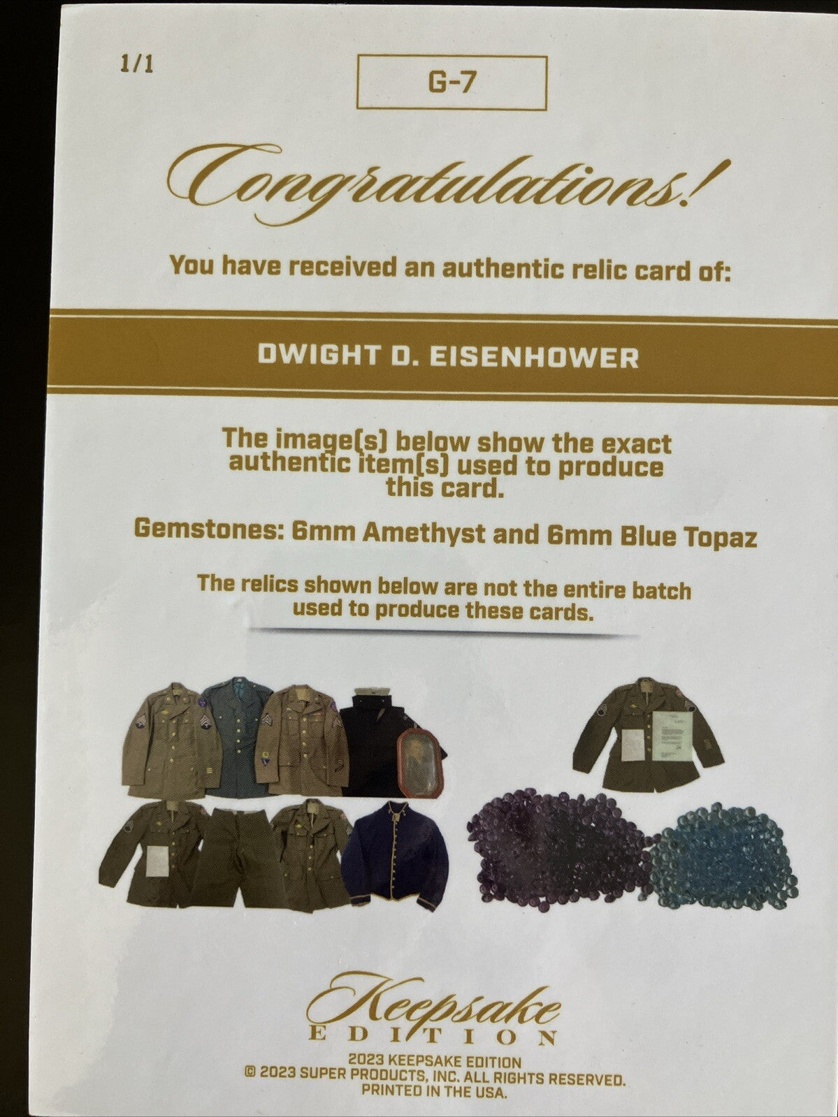 Dwight Eisenhower Keepsake Edition 5x7 Gem Relic 1/1. Uniform Patch