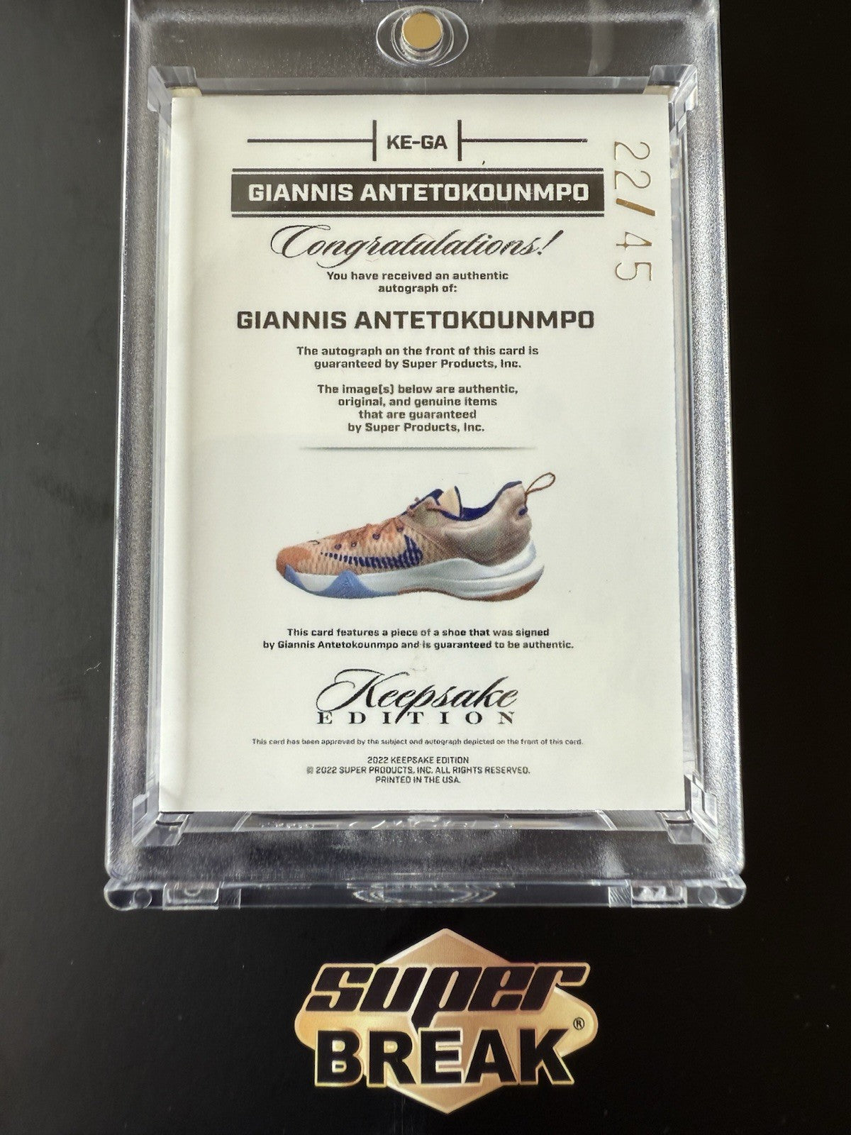 Giannis Antetokounmpo Super Break Auto. Game Used Relic/45
