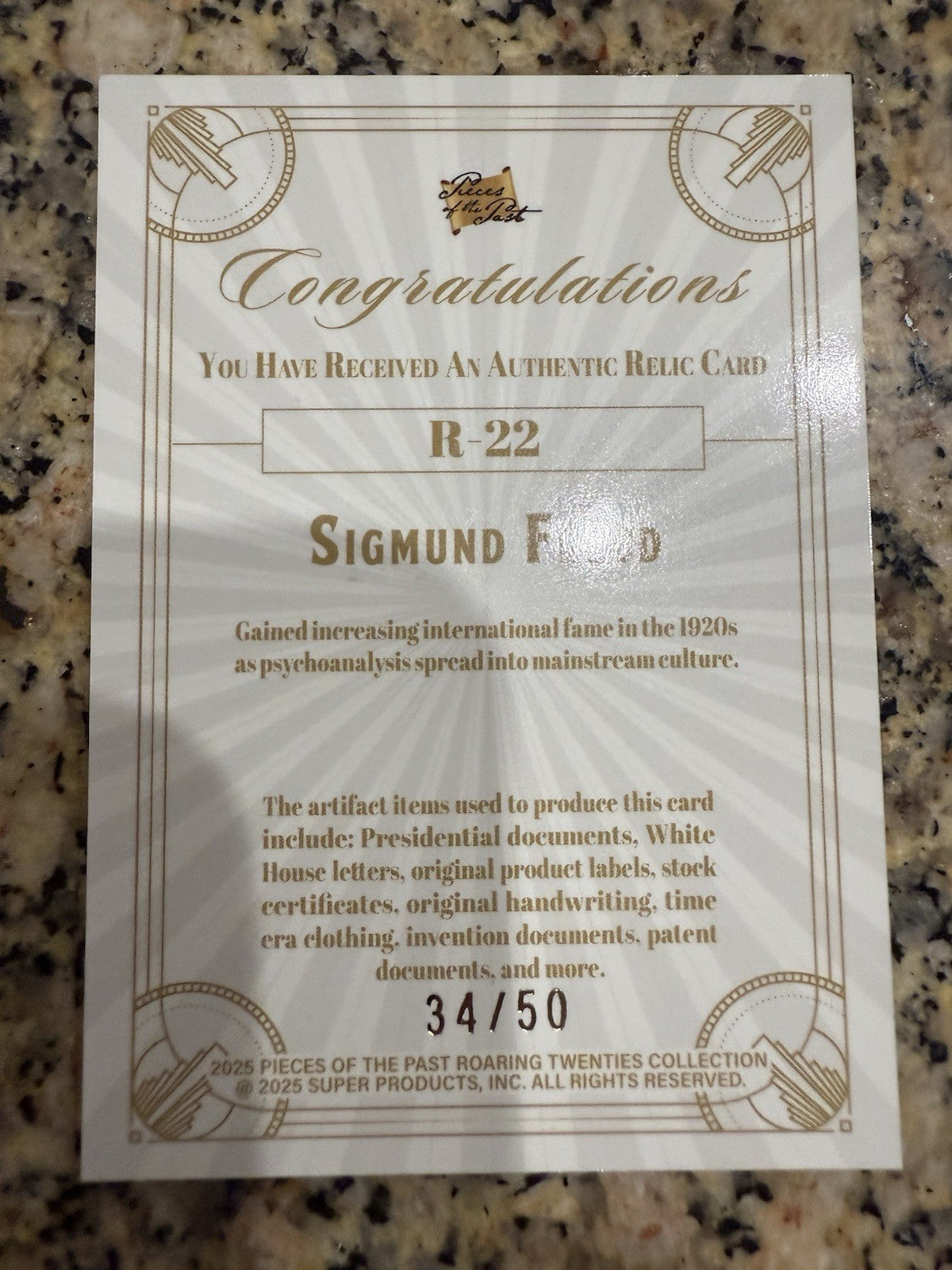 2025 Pieces of the Past Sigmund Freud Authentic Relic Card R-22. Blue /50