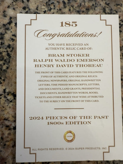 2024 PIECES OF THE PAST 1800s Edition STOKER EMERSON THOREAU Relic #185