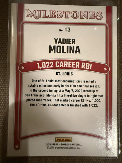 2025 Panini Donruss Milestones Pink Ice 47/99 Yadier Molina #13 04br