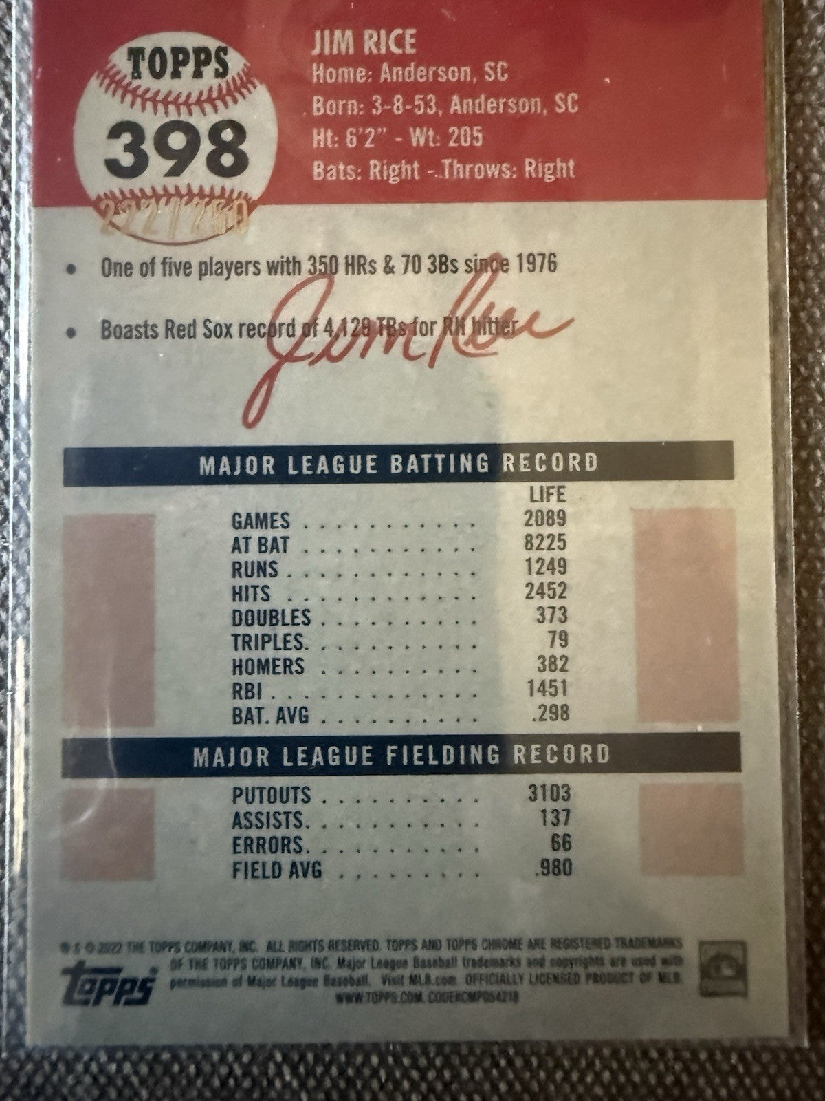 2022 Topps Chrome Platinum Jim Rice #398 Yellow Raywave /250 Boston Red Sox