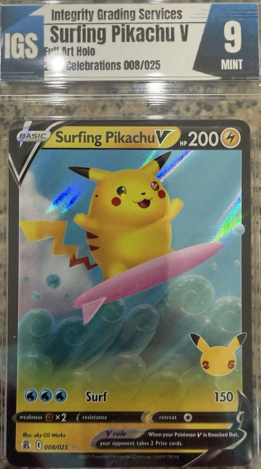Pokémon Surfing Pikachu V Ultra Rare Full Art Holo 008/025 Celebrations TCG