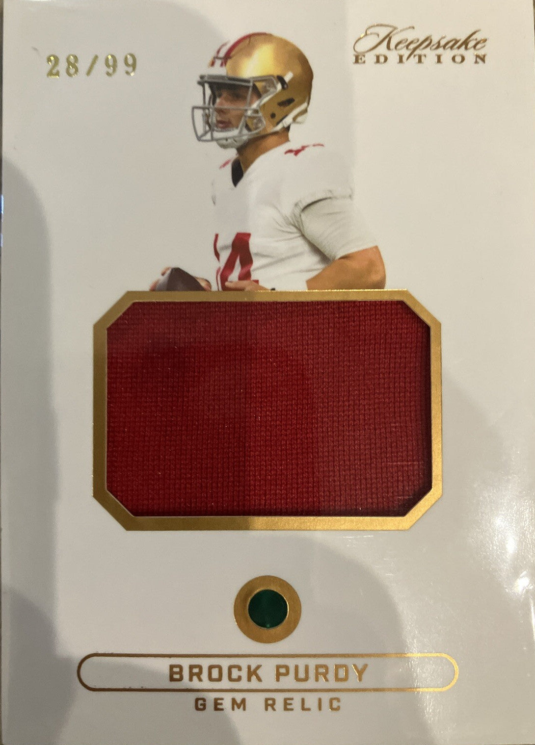 Brock Purdy Gem Relic Card. Super Break Keepsake Edition