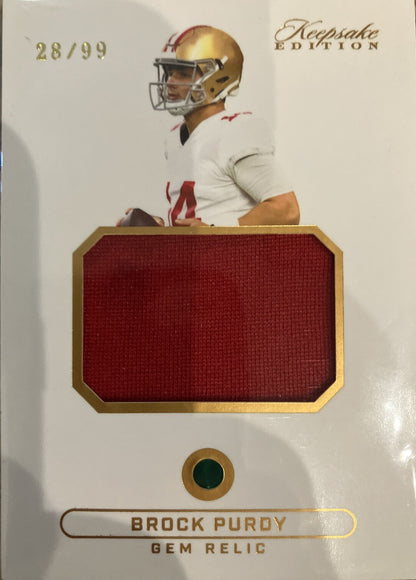 Brock Purdy Gem Relic Card. Super Break Keepsake Edition