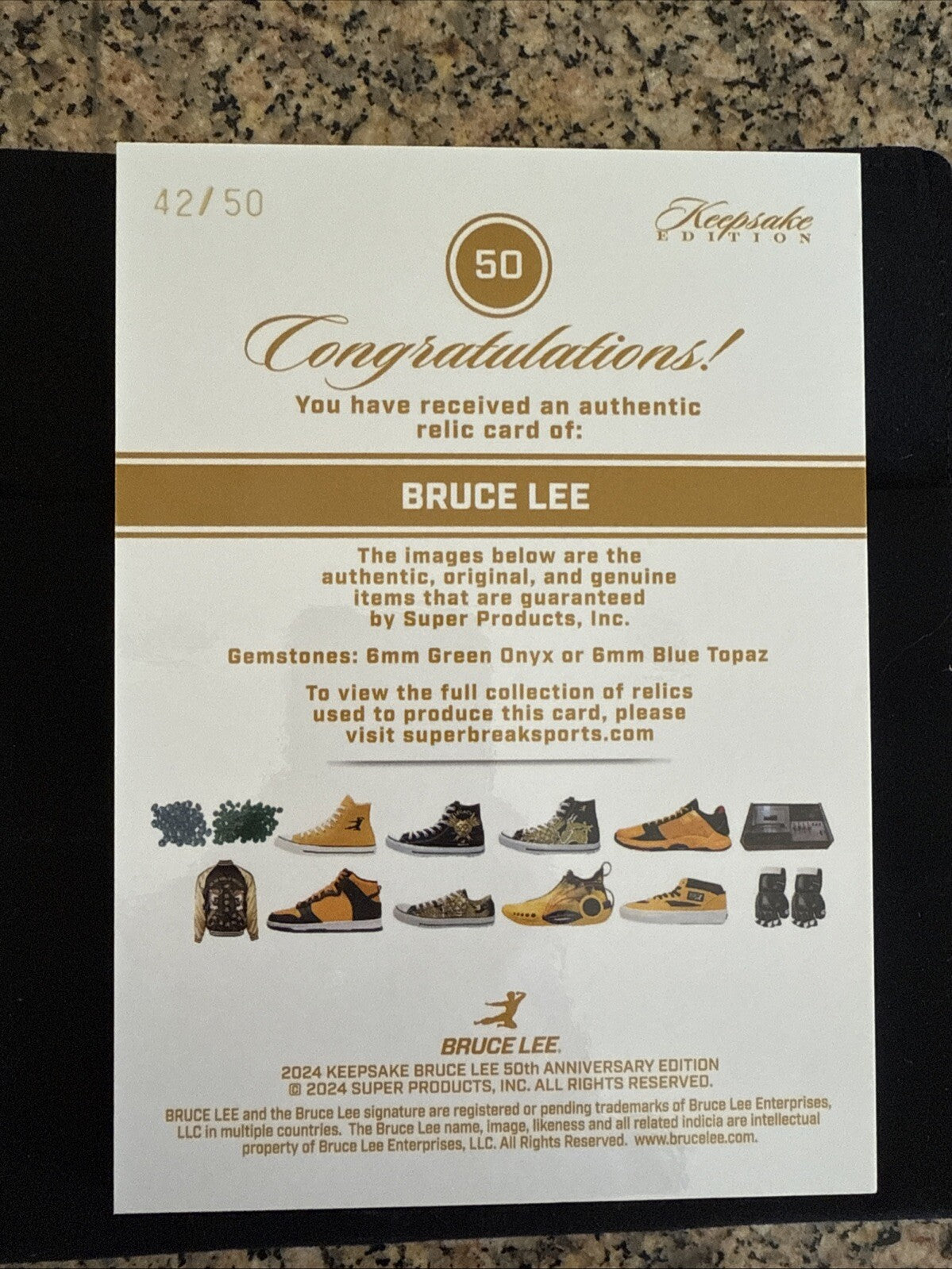 Bruce Lee Jumbo Gem Relic. 42/50. Super Break Keepsake Bruce Lee Anniv.