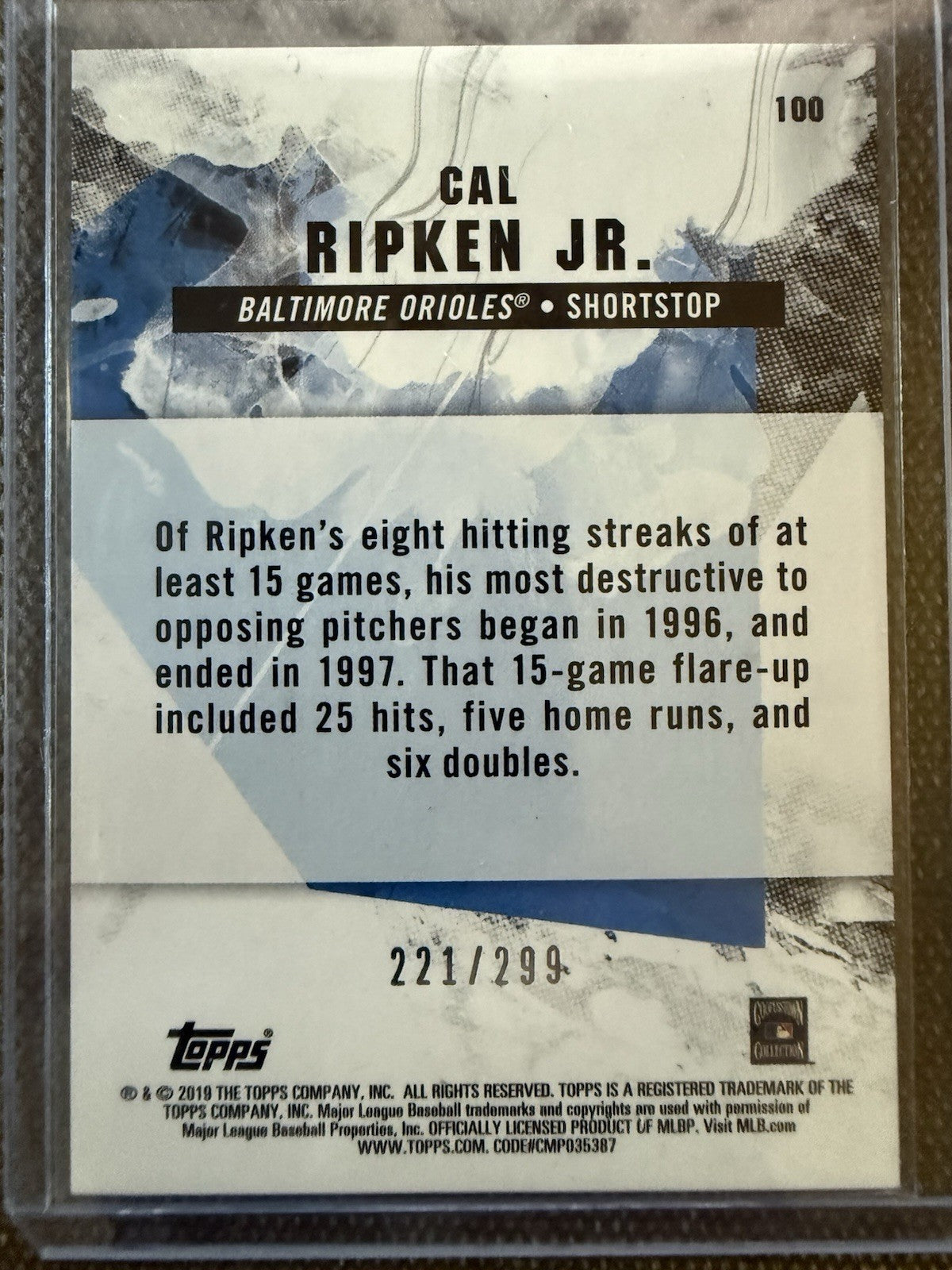2019 Topps Fire Orange /299 Cal Ripken Jr #100 HOF