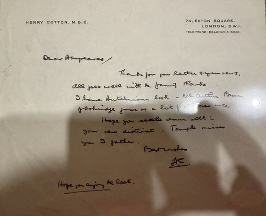 Henry Cotton Autographed Letter. British Open Champion