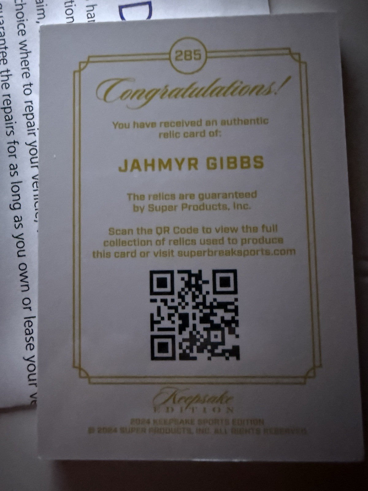 Jahmyr Gibbs Keepsake Gem Relic