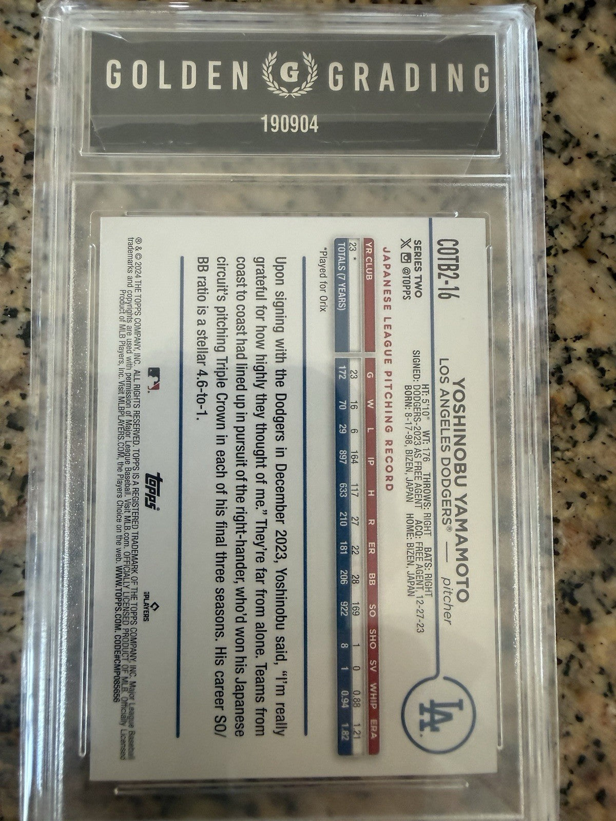 2024 Topps Yoshinobu Yamamoto Companion Card COTB2-16 Los Angeles Dodgers RC SP