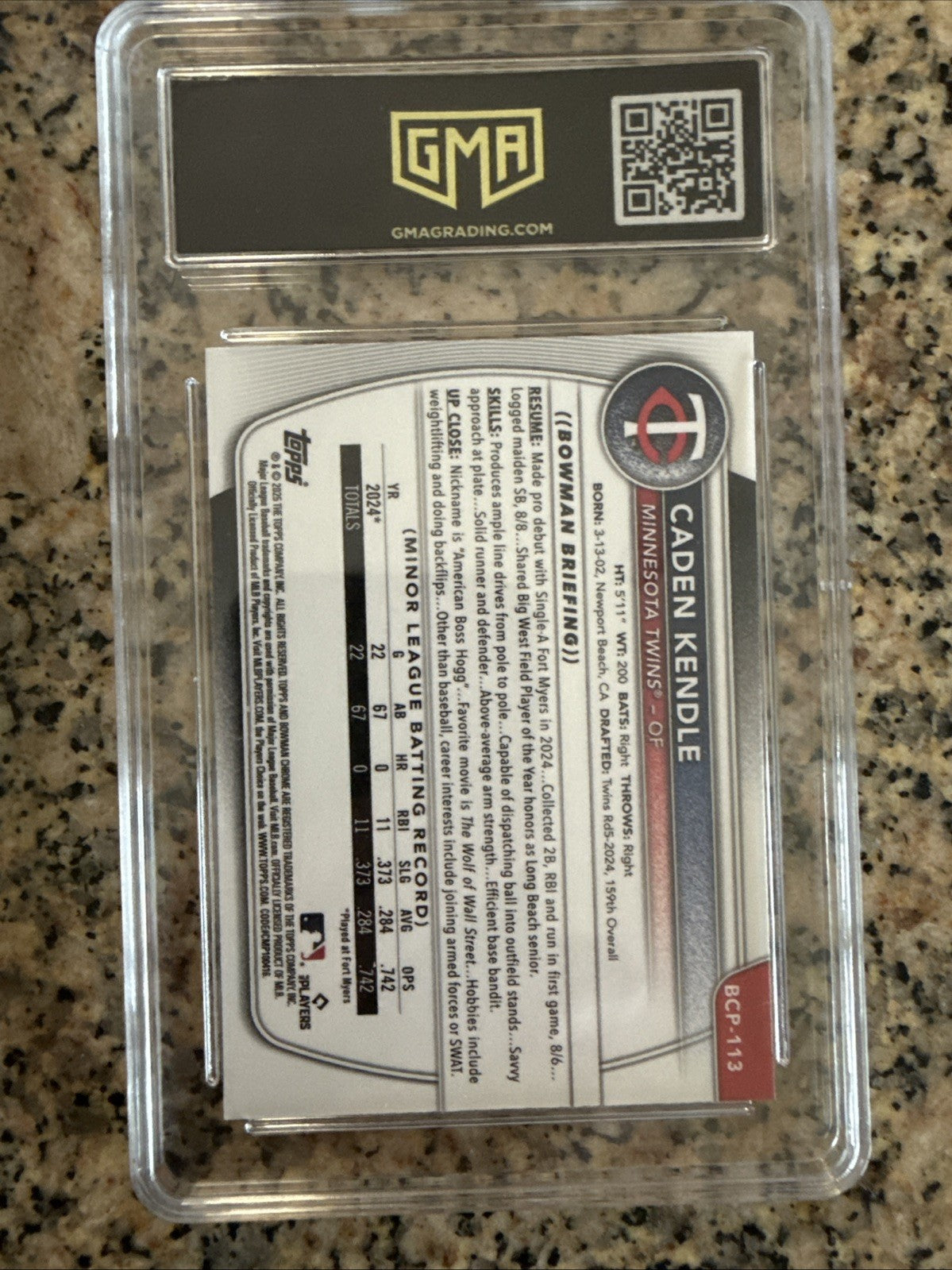 Caden Kendle 2025 Bowman Chrome 1st Wave Refractor /350 BCP-113 Twins MLB