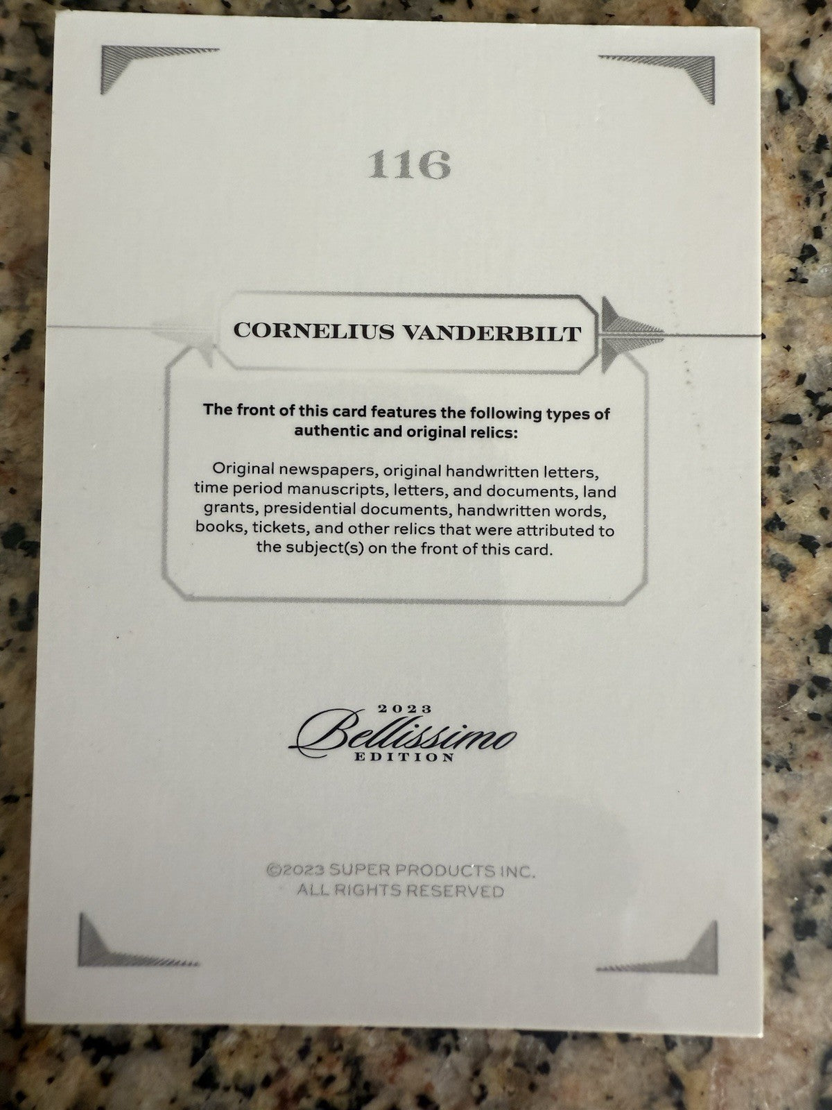 CORNELIUS VANDERBILT 2023 BELLISSIMO KEEPSAKE EDITION HANDWRITTEN RELIC #50/50