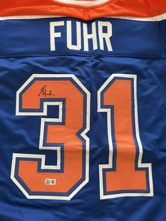 Autographed/Signed GRANT FUHR Edmonton Blue Hockey Jersey Beckett COA Auto XL