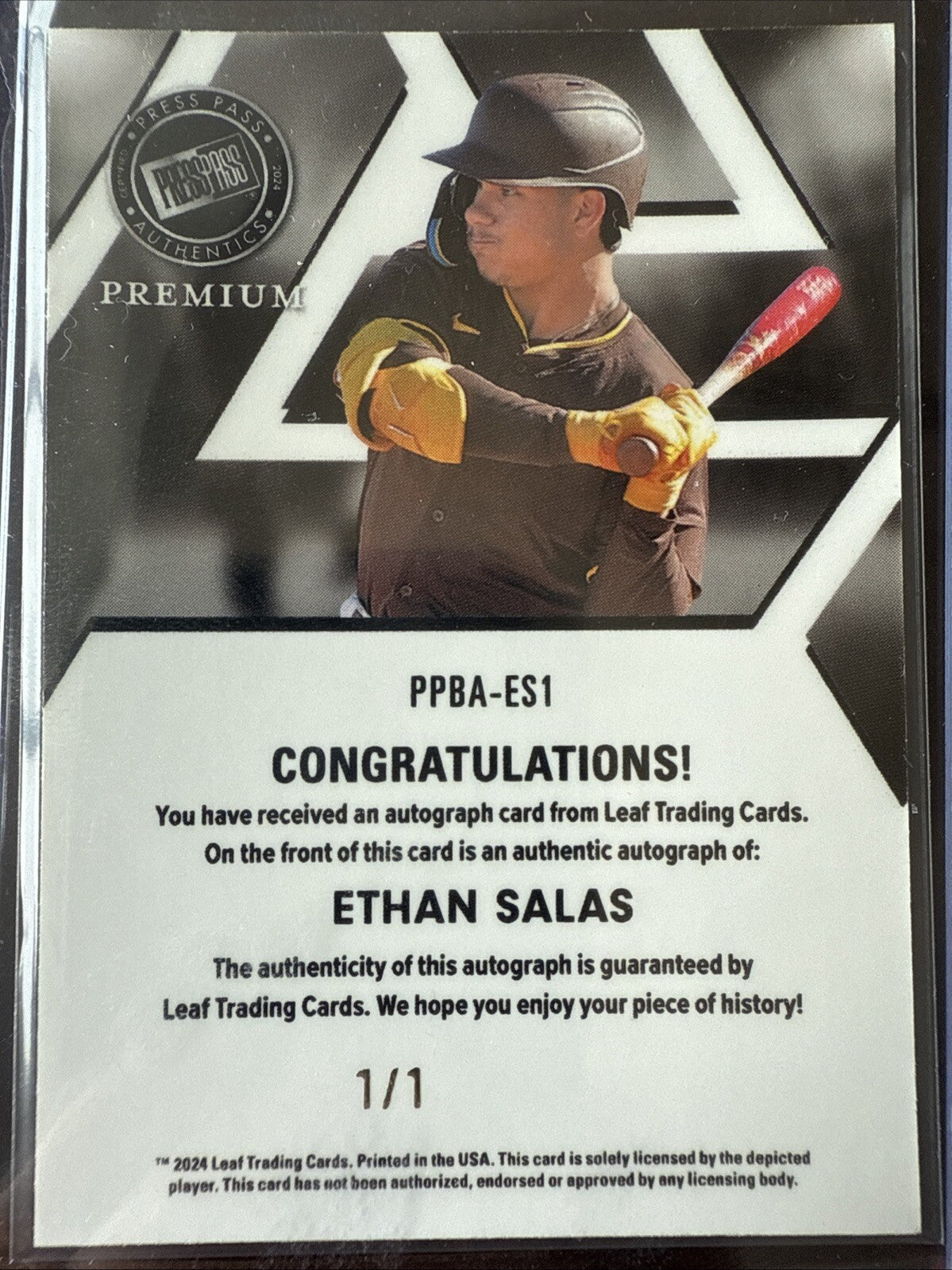 2024 Leaf Press Pass Ethan Salas 1/1 Rainbow Vinyl Auto