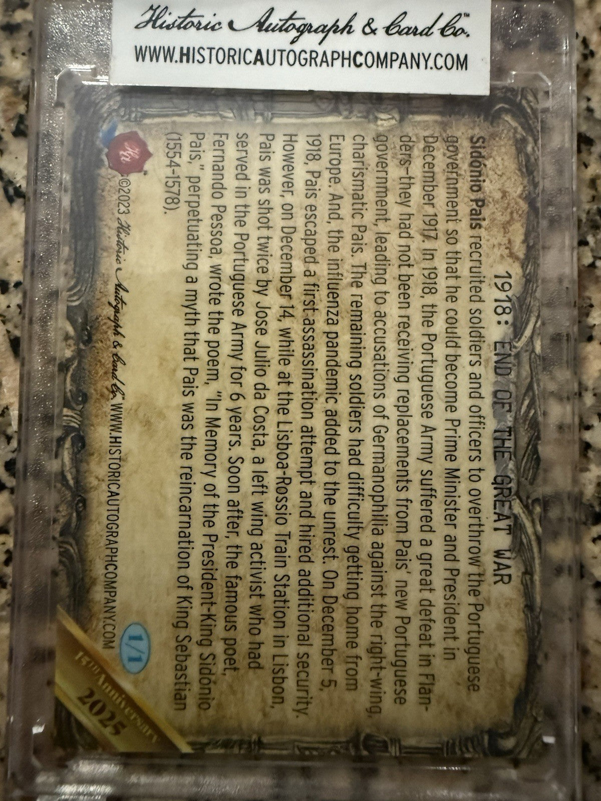 2023 Historic Autographs 1918 End of the Great War #205. Blue Foil 1/1